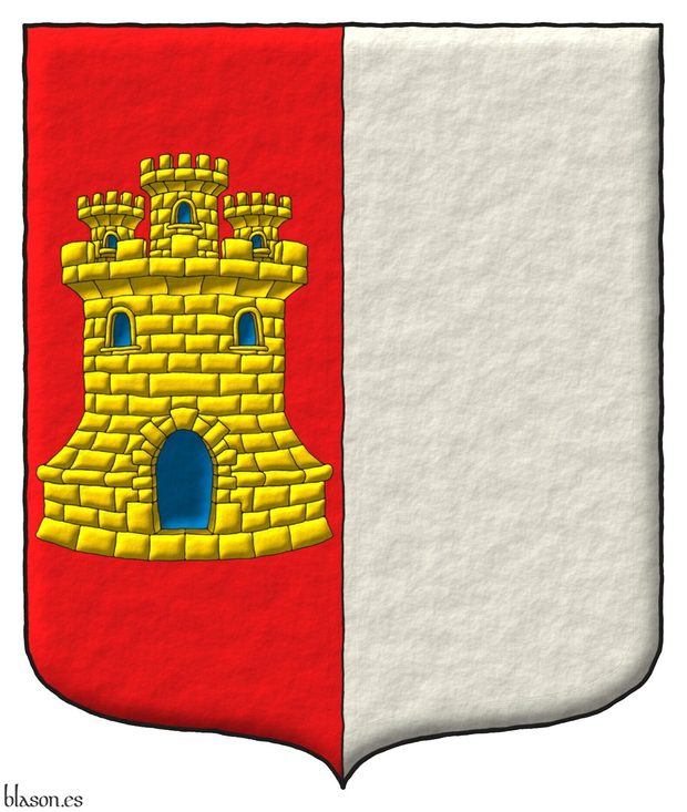 Escudo partido: 1o de Gules, un castillo de oro, aclarado de azur, mazonado de sable; 2o de plata.