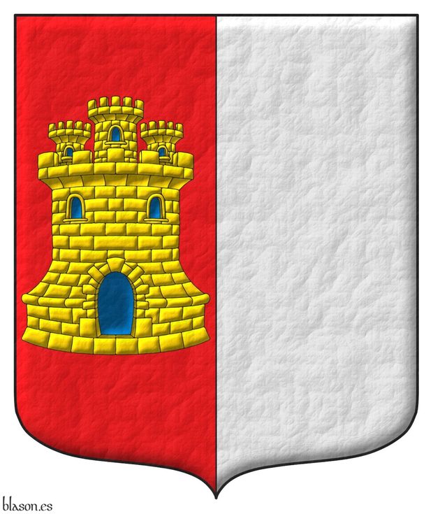 Party per pale: 1 Gules, a castle triple-towered Or, port and windows Azure, masoned Sable; 2 Argent.