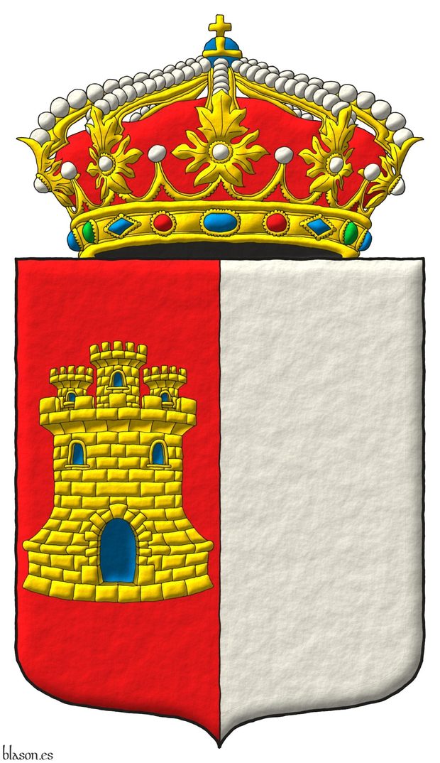 Escudo partido: 1o de Gules, un castillo de oro, aclarado de azur, mazonado de sable; 2o de plata. Timbrado de una corona real cerrada.