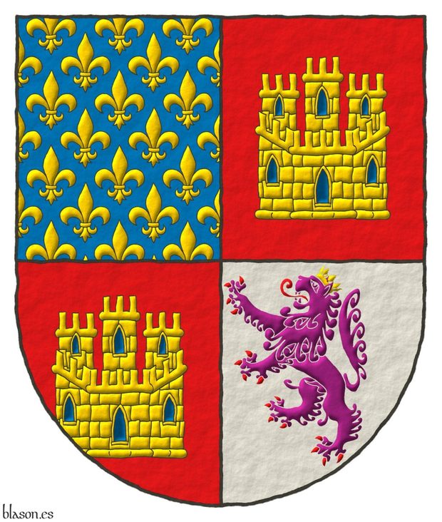 Quarterly: 1 Azure semé of fleurs de lis Or; 2 and 3 Gules, a castle triple towered Or, the port and windows Azure, masoned Sable; 4 Argent, a lion rampant Purpure, armed and langued Gules, crowned Or.
