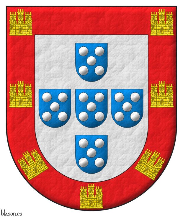 Argent, five escutcheons in cross Azure, each charged with five plates in saltire Argent; a bordure Gules, charged with seven castles triple-towered Or, 2, 2, 2, and 1.