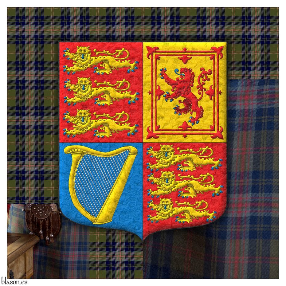 Quarterly: 1 and 4 Gules, three lions passant, guardant, in pale Or, armed and langued Azure; 2 Or, a lion rampant Gules, armed and langued Azure, within a double tressure flory counterflory Gules; 3 Azure, a harp Or, stringed Argent.