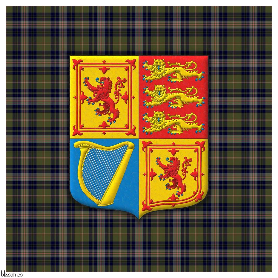 Quarterly: 1 and 4 Or, a lion rampant Gules, armed and langued Azure, within a double tressure flory counterflory Gules; 2 Gules, three lions passant, guardant, in pale Or, armed and langued Azure; 3 Azure, a harp Or, stringed Argent.