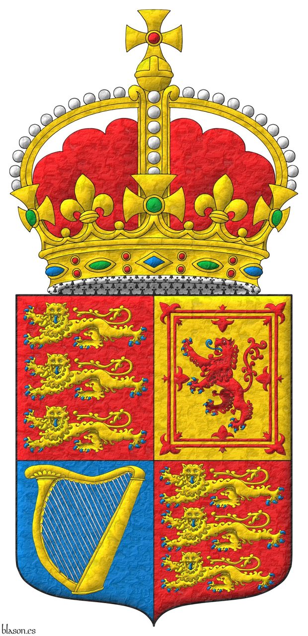 Escudo cuartelado: 1o y 4o de gules, tres leopardos en palo de oro, lampasados y armados de azur; 2o de oro, un len de gules, armado y lampasado de azur, encerrado en un trechor doble flordelisado y contraflordelisado de gules; 3o de azur, un arpa de oro cordada de plata. Timbrado de una corona Tudor.