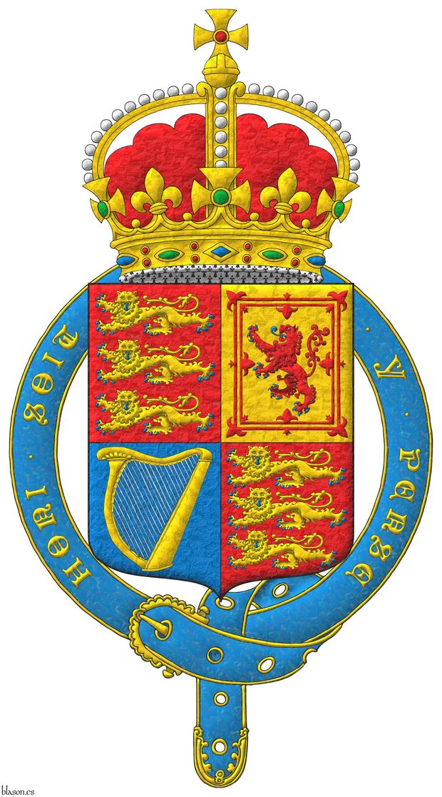 Escudo cuartelado: 1o y 4o de gules, tres leopardos en palo de oro, lampasados y armados de azur; 2o de oro, un len de gules, armado y lampasado de azur, encerrado en un trechor doble flordelisado y contraflordelisado de gules; 3o de azur, un arpa de oro cordada de plata. Timbrado de una corona Tudor. Timbrado con una corona real cerrada. El escudo est rodeado de la Insigne Orden de la Jarretera.