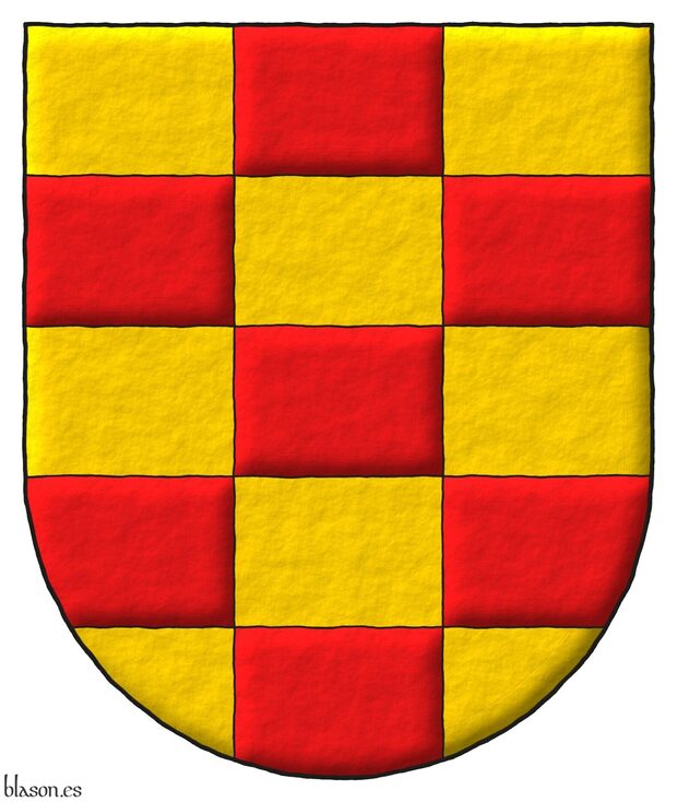 Escudo ajedrezado de quince piezas de oro y gules.