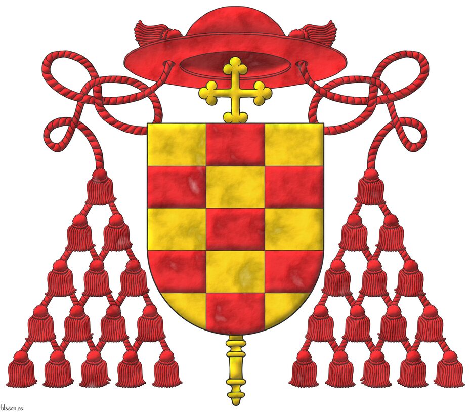 Escudo ajedrezado de quince piezas de oro y gules. Timbrado de un galero con dos cordones y quince borlas, 1, 2, 3, 4, 5, a cada lado de gules. Acolada detr�s del escudo una cruz procesional de oro.