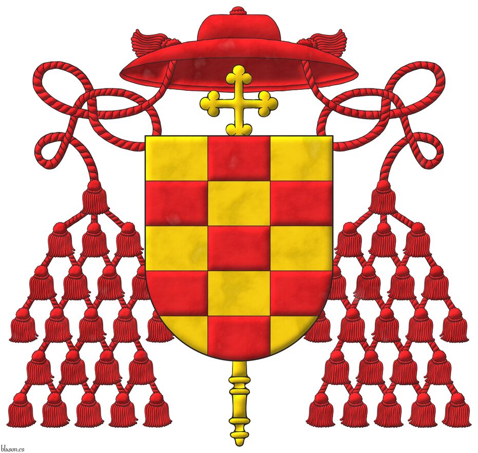 Escudo ajedrezado de quince piezas de oro y gules. Timbrado de un galero con dos cordones y veintid�s borlas, 1, 3, 4, 5, 4, 5, a cada lado de gules. Acolada detr�s del escudo una cruz procesional de oro.