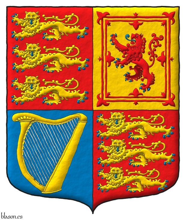 Escudo cuartelado: 1o y 4o de gules, tres leopardos en palo de oro, lampasados y armados de azur; 2o de oro, un len de gules, armado y lampasado de azur, encerrado en un trechor doble flordelisado y contraflordelisado de gules; 3o de azur, un arpa de oro cordada de plata.