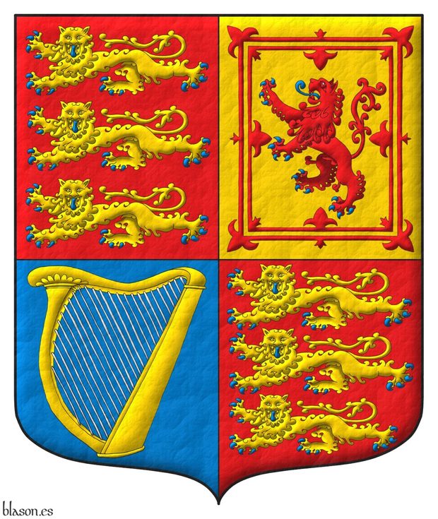 Quarterly: 1 and 4 Gules, three lions passant, guardant, in pale Or, armed and langued Azure; 2 Or, a lion rampant Gules, armed and langued Azure, within a double tressure flory counterflory Gules; 3 Azure, a harp Or, stringed Argent.