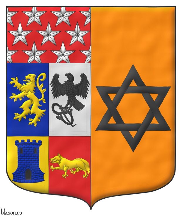 Party per pale: 1 quarterly: 1 Azure, a lion rampant Or, 2 Argent, a falcon rising, grasping in its paws a serpent Sable, 3 Or, a tower Azure, port, windows, and masoned Sable, 4 Gules, a fox passant Or, a chief Gules semé of mullets Argent; 2 Orange, a mullet of six points voided, interlaced Sable.