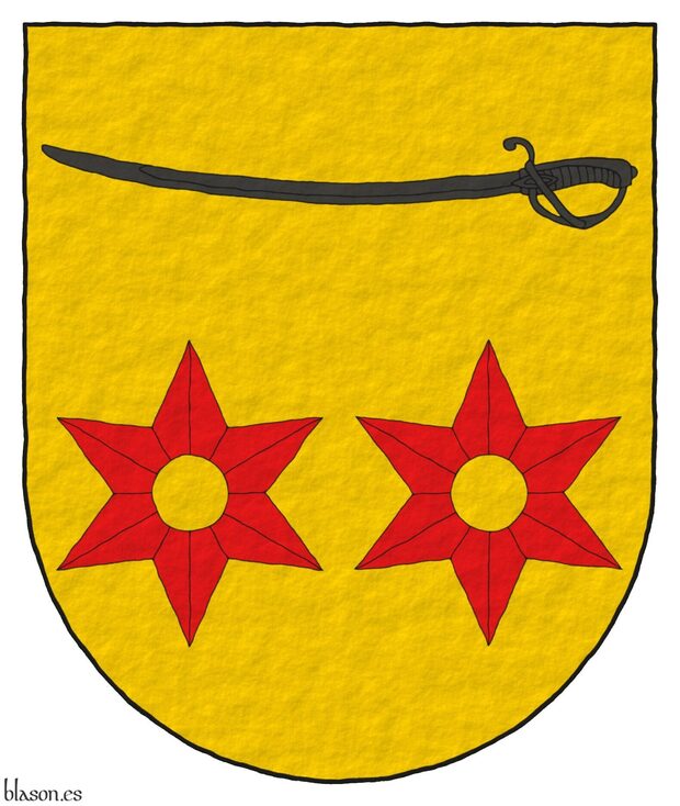 Or, two mullets of six points pierced in fess Gules; in chief a sabre fesswise Sable.