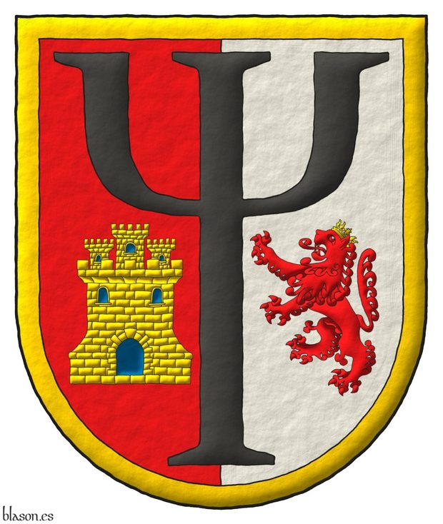 Escudo partido: 1o de gules, en punta un castillo de oro, aclarado de azur y mazonado de sable; 2o de plata, en punta un len rampante de gules, coronado de oro; brochante sobre la particin una letra psi de gules; una filiera de oro.