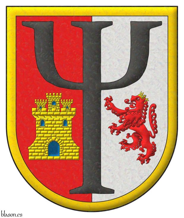 Party per pale: 1 Gules, in base a castle triple-towered Or, port and windows Azure, and masoned Sable; 2 Argent, in base a lion rampant Gules, crowned Or; overall a psi letter sable; a diminished bordure Or.