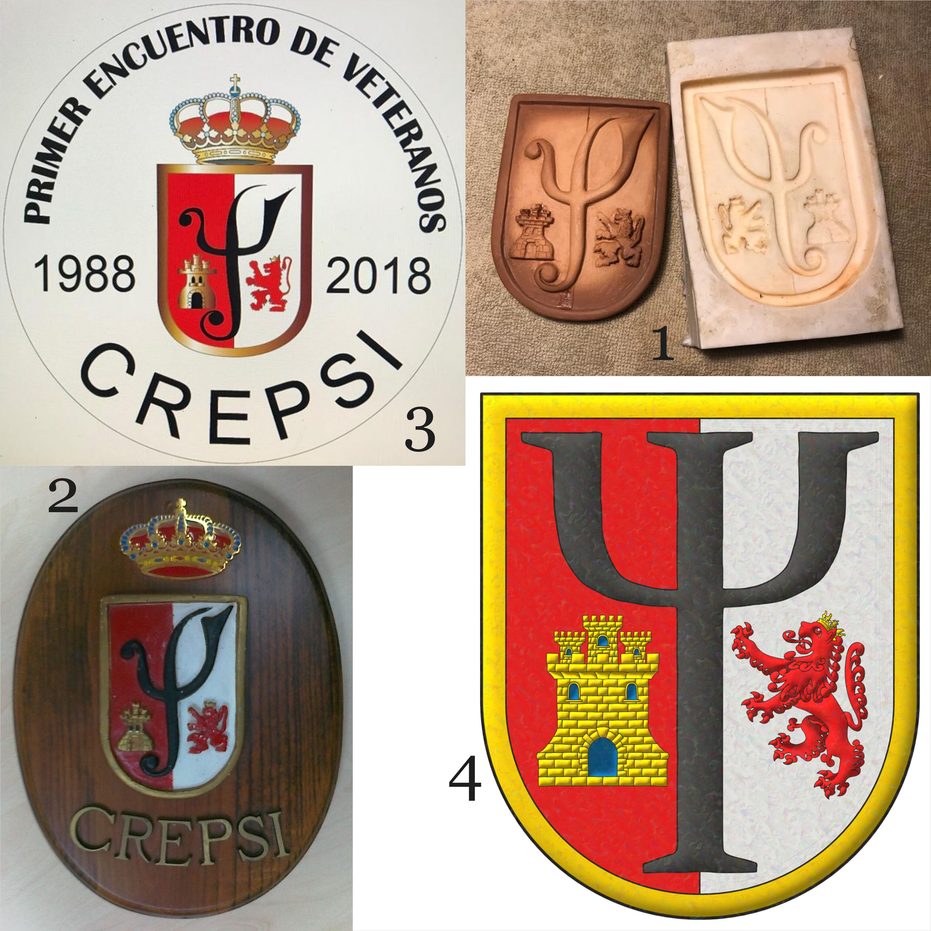 Escudo partido: 1o de gules, en punta un castillo de oro, aclarado de azur y mazonado de sable; 2o de plata, en punta un len rampante de gules, coronado de oro; brochante sobre la particin una letra psi de gules; una filiera de oro.