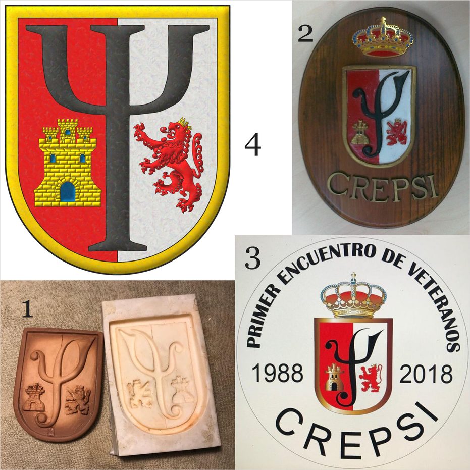 Party per pale: 1 Gules, in base a castle triple-towered Or, port and windows Azure, and masoned Sable; 2 Argent, in base a lion rampant Gules, crowned Or; overall a psi letter sable; a diminished bordure Or.