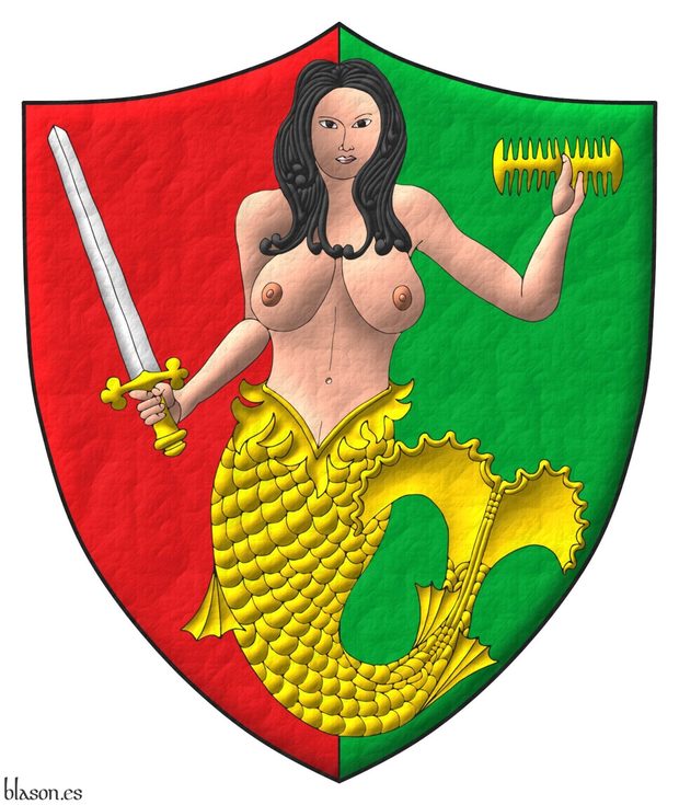 Escudo partido de gules y sinople; brochante sobre la particin una sirena al natural, teniendo en su diestra una espada de plata, guarnecida de oro, y en su siniestra un peine de oro.