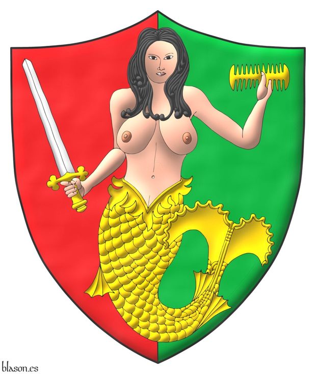 Party per pale Gules and Vert; overall a mermaid proper, holding in her dexter a sword Argent, hilted Or, and in her sinister a comb Or.