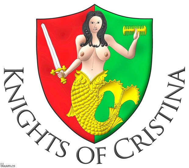 Escudo partido de gules y sinople; brochante sobre la particin una sirena al natural, teniendo en su diestra una espada de plata, guarnecida de oro, y en su siniestra un peine de oro. Divisa: Knights of Cristina.