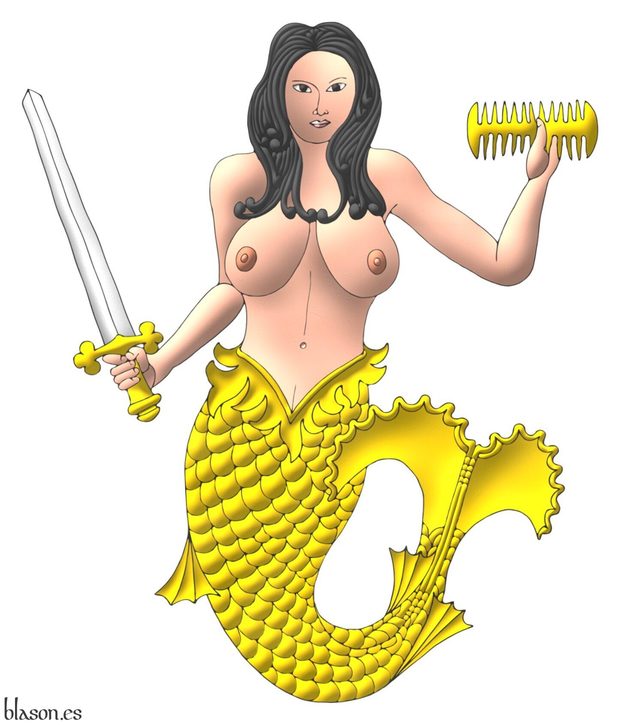 Una sirena al natural, teniendo en su diestra una espada de plata, guarnecida de oro, y en su siniestra un peine de oro.