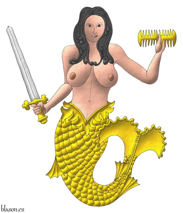 A mermaid proper, holding in her dexter a sword Argent, hilted Or, and in her sinister a comb Or.