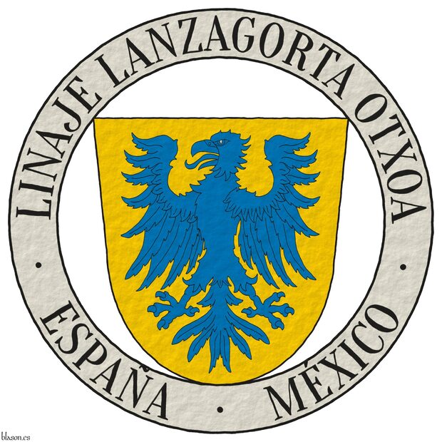 Escudo de oro, un �guila de azur. El escudo est� rodeado de un anillete de plata inscrito en jefe la divisa �Linaje Lanzagorta Otxoa� y en punta con �Espa�a � M�xico� ambas de sable.