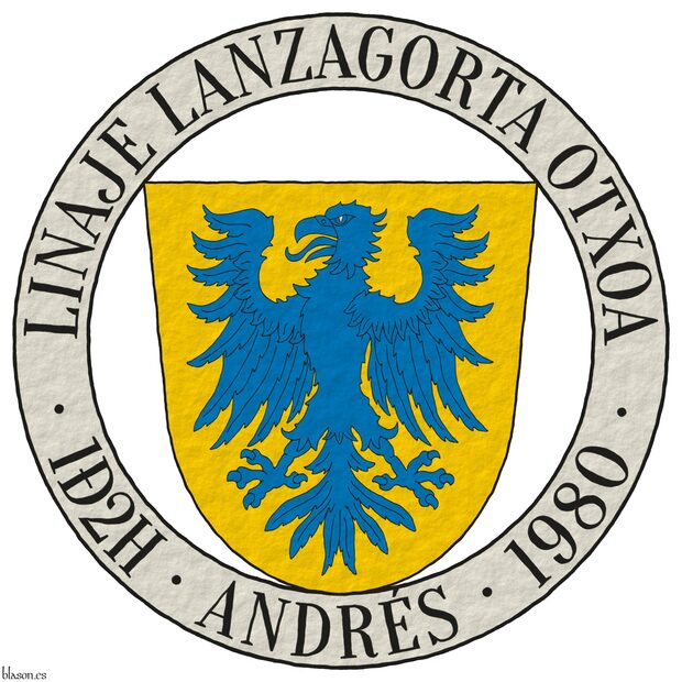 Or, an eagle displayed Azure. The shield is surrounded by an annulet Argent inscribed in chief with the motto �Linaje Lanzagorta Otxoa� and in base with �1�2H � Andr�s � 1980� Sable.