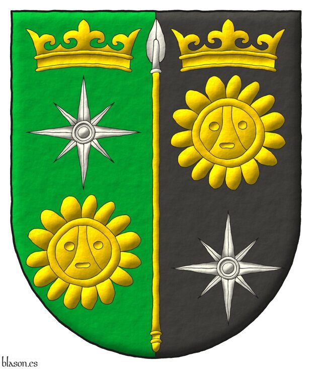 Escudo partido: 1o de sinople, una rosa de los vientos de plata, acompa�ada en jefe de una corona antigua y en punta de un sol ta�no ambos de oro; 2o de sable, un sol ta�no de oro, acompa�ado en jefe de una corona antigua de oro y en punta de una rosa de los vientos de plata; brochante sobre la partici�n una lanza de plata, fustada de oro.