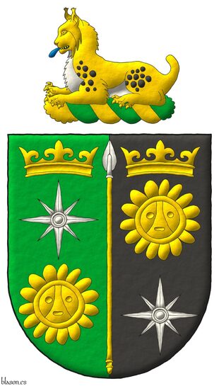 Escudo partido: 1o de sinople, una rosa de los vientos de plata, acompa�ada en jefe de una corona antigua y en punta de un sol ta�no ambos de oro; 2o de sable, un sol ta�no de oro, acompa�ado en jefe de una corona antigua de oro y en punta de una rosa de los vientos de plata; brochante sobre la partici�n una lanza de plata, fustada de oro. Cimado de un lince tumbado al natural, lampasado de azur.