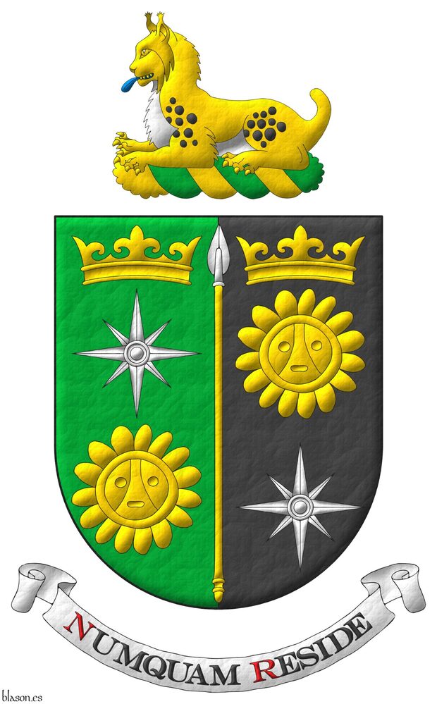 Party per pale: 1 Vert, a compass rose Argent between, in chief a coronet Or, in base a Taino sun Or; 2 Sable, a Taino sun Or between, in chief a coronet Or, in base a compass rose Argent; overall a spear Or, headed Argent. Crest: A lynx couchant proper, langued Azure. Motto: �Numquam reside�.