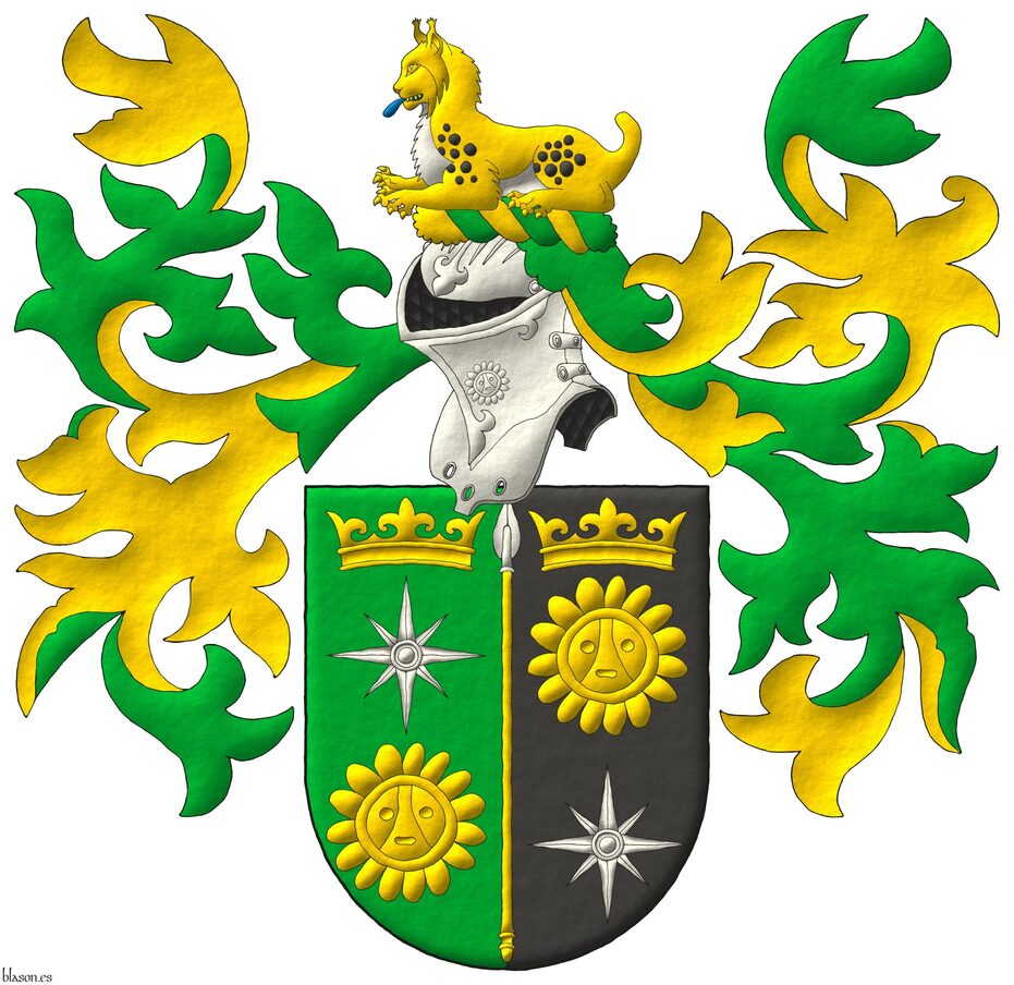 Escudo partido: 1o de sinople, una rosa de los vientos de plata, acompa�ada en jefe de una corona antigua y en punta de un sol ta�no ambos de oro; 2o de sable, un sol ta�no de oro, acompa�ado en jefe de una corona antigua de oro y en punta de una rosa de los vientos de plata; brochante sobre la partici�n una lanza de plata, fustada de oro. Timbrado de un yelmo, adornado de dos lambrequines de sinople doblados de oro, un burelete de oro y sinople, cimado de un lince tumbado al natural, lampasado de azur.