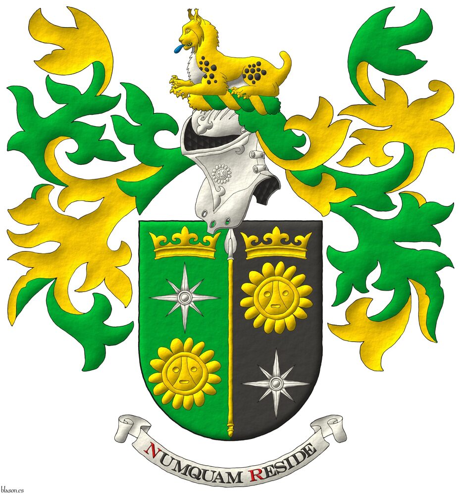 Escudo de armas ideado por m�, iluminado con luces y sombras, delineado de sable, con un contorno exterior de medio punto y con un terminado de trazo alzado.