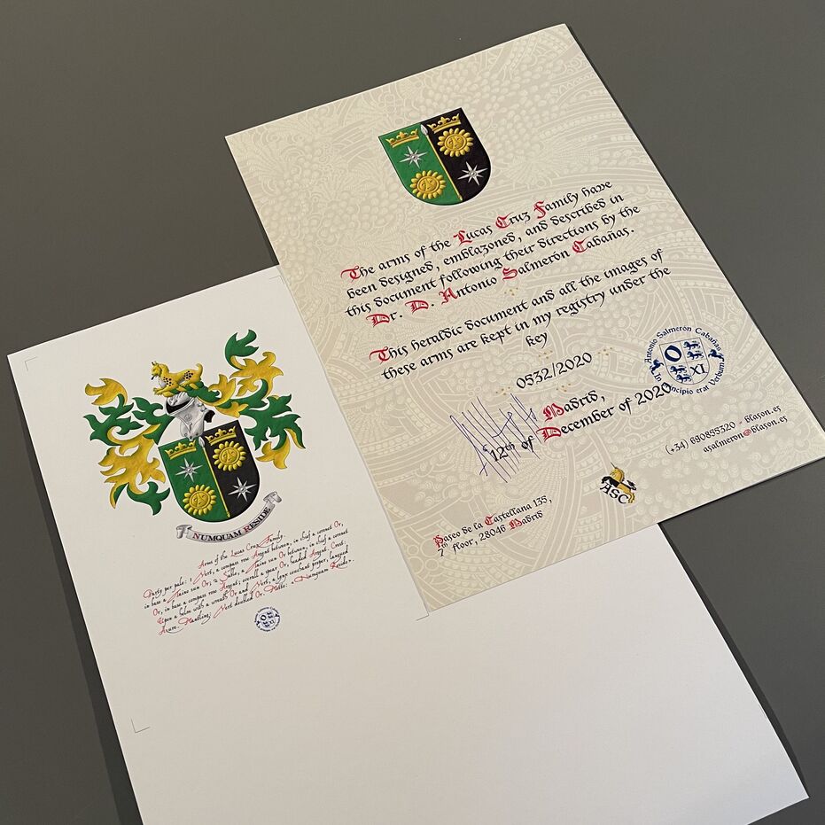 Escudo partido: 1o de sinople, una rosa de los vientos de plata, acompa�ada en jefe de una corona antigua y en punta de un sol ta�no ambos de oro; 2o de sable, un sol ta�no de oro, acompa�ado en jefe de una corona antigua de oro y en punta de una rosa de los vientos de plata; brochante sobre la partici�n una lanza de plata, fustada de oro. Timbrado de un yelmo, adornado de dos lambrequines de sinople doblados de oro, un burelete de oro y sinople, cimado de un lince tumbado al natural, lampasado de azur. Lema: �Numquam reside�.