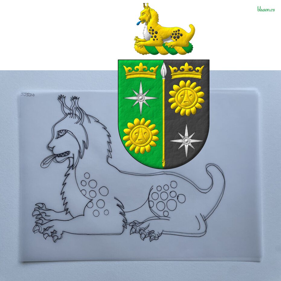 Party per pale: 1 Vert, a compass rose Argent between, in chief a coronet Or, in base a Taino sun Or; 2 Sable, a Taino sun Or between, in chief a coronet Or, in base a compass rose Argent; overall a spear Or, headed Argent. Crest: A lynx couchant proper, langued Azure.