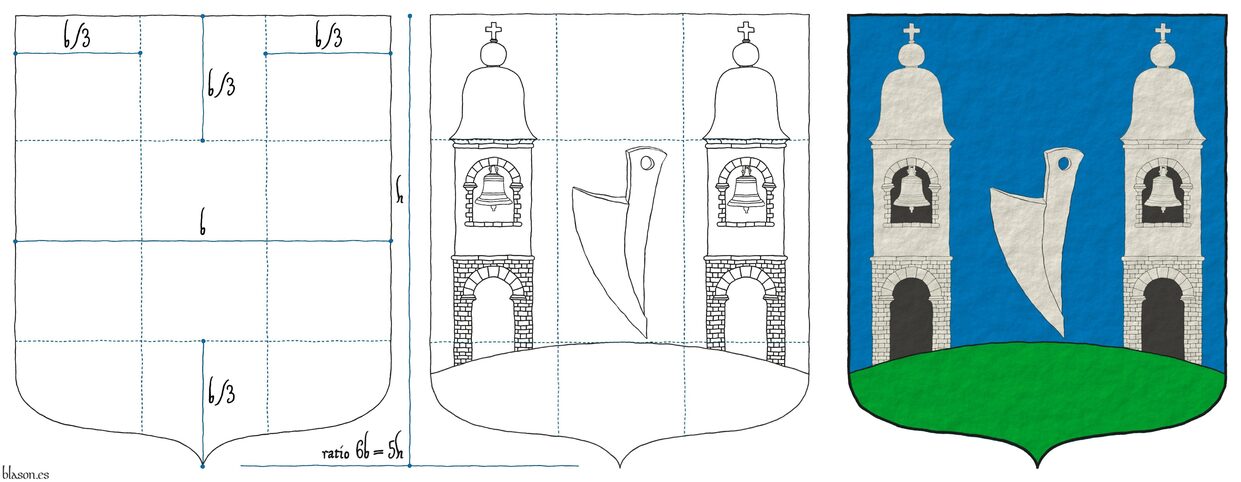 Azure, a plough share points downward Argent between, on a base enarched Vert, two bell towers Argent, port and window Sable.