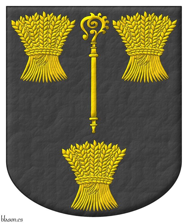 Escudo de sable, un báculo de oro, acompañado de tres gavillas de trigo de oro.