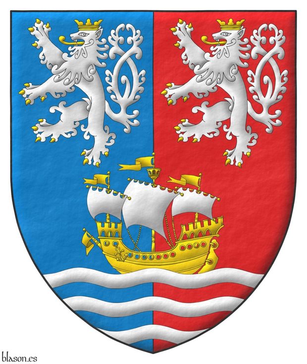 Party per pale Azure and Gules, overall in chief two lions rampant, double queued Argent, armed, langued and crowned Or, and in base upon three wavy bars Argent, a ship Or, in full sail Argent.