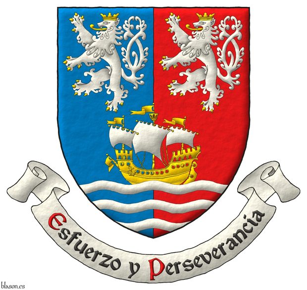 Escudo partido de azur y gules, sobre el todo en jefe dos leones rampantes, de cola horquillada de plata, armados, lampasados y coronados de oro, y en punta un barco de oro, con velas de plata, sostenido por tres burelas ondadas de plata. Lema: Esfuerzo y Perseverancia de sable, con letras iniciales de gules, sobre una filacteria de plata.