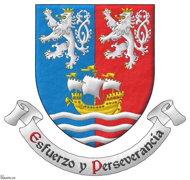 Party per pale Azure and Gules, overall in chief two lions rampant, double queued Argent, armed, langued and crowned Or, and in base upon three wavy bars Argent, a ship Or, in full sail Argent. Motto: Esfuerzo y Perseverancia Sable, with initial letters Gules, over a scroll Argent.