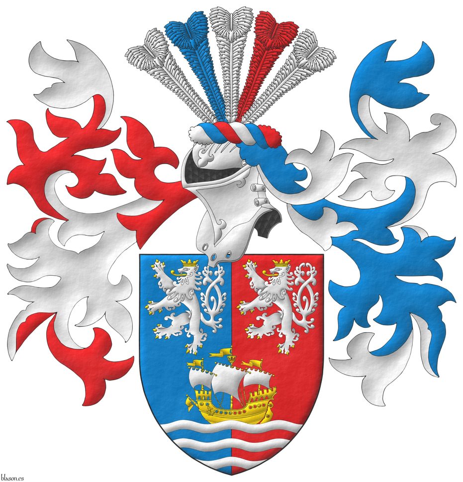 Party per pale Azure and Gules, overall in chief two lions rampant, double queued Argent, armed, langued and crowned Or, and in base upon three wavy bars Argent, a ship Or, in full sail Argent. Crest: Upon a helm with a wreath Or, Azure and Gules, five ostrich feathers Argent, Azure, and Gules. Mantling: On the dexter Gules doubled Argent and on the sinister Azure doubled Argent.