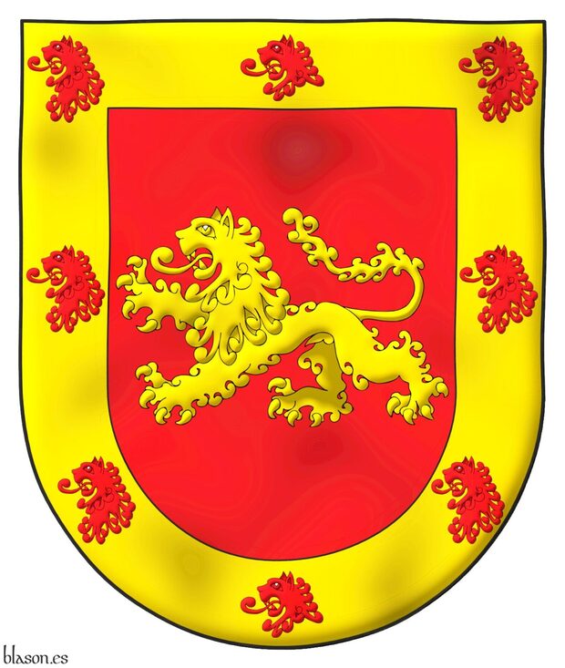 Gules, a lion passant Or; a bordure Or charged with eight lions heads erased Gules.