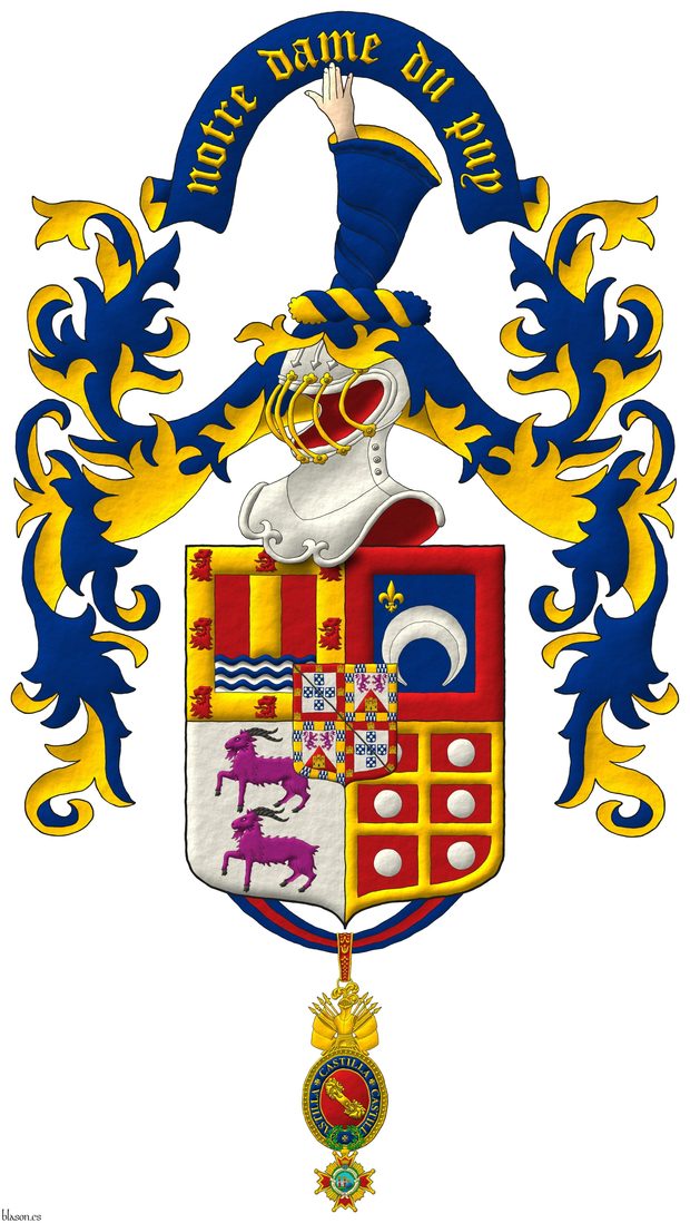 Escudo cuartelado: 1o de gules, un palo de oro sostenido de seis ondas de azur y plata, una bordura de oro cargada de ocho cabezas de le�n arrancadas de gules [de Dur�n]; 2o de azur, un creciente ranversado de plata, en la diestra del jefe una flor de lis de oro, una bordura de gules [de Alpoim]; 3o de plata, dos cabras en palo de p�rpura, acornadas de sable [de Cabral]; 4o de gules, una cruz doble y plena de oro cantonada de seis bezantes de plata, una bordura de oro [de Melo]; un escus�n cuartelado: 1o y 4o de plata, cinco escudetes en cruz de azur, cada uno cargado de cinco bezantes en sotuer de plata; una bordura de gules, cargada de siete castillos de oro, 3, 1 y 3; [de Portugal] brisado de un bast�n de sable; 2o y 3o de plata, mantelado en punta de gules, en jefe, dos leones afrontados de p�rpura, armados y lampasados de gules [de Le�n], en punta un castillo de oro, aclarado de azur, mazonado de sable [de Castilla]; una bordura componada de dieciocho compones de oro y veros [de �lvarez de las Asturias]. Timbrado de un yelmo terciado de plata, grilletado de oro, adornado de dos lambrequines de azur doblados de oro, un burelete de oro y azur cimado de un brazo al natural, vestido de azur, forrado de oro, teniendo una filacteria de azur doblada de oro, inscrita del grito �Notre Dame du Puy� de oro.