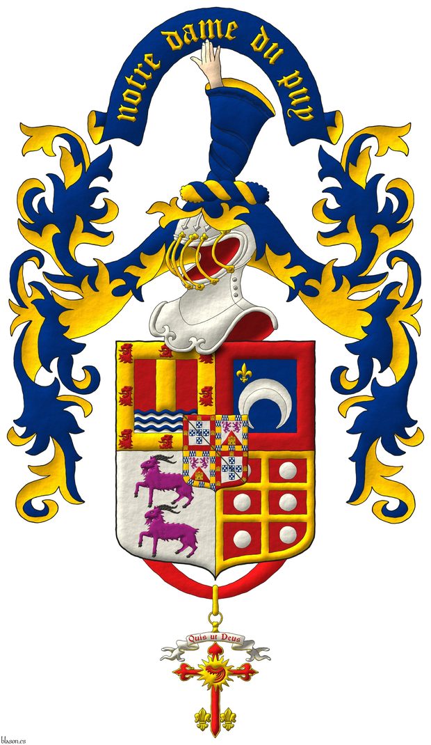 Escudo cuartelado: 1o de gules, un palo de oro sostenido de seis ondas de azur y plata, una bordura de oro cargada de ocho cabezas de le�n arrancadas de gules [de Dur�n]; 2o de azur, un creciente ranversado de plata, en la diestra del jefe una flor de lis de oro, una bordura de gules [de Alpoim]; 3o de plata, dos cabras en palo de p�rpura, acornadas de sable [de Cabral]; 4o de gules, una cruz doble y plena de oro cantonada de seis bezantes de plata, una bordura de oro [de Melo]; un escus�n cuartelado: 1o y 4o de plata, cinco escudetes en cruz de azur, cada uno cargado de cinco bezantes en sotuer de plata; una bordura de gules, cargada de siete castillos de oro, 3, 1 y 3; [de Portugal] brisado de un bast�n de sable; 2o y 3o de plata, mantelado en punta de gules, en jefe, dos leones afrontados de p�rpura, armados y lampasados de gules [de Le�n], en punta un castillo de oro, aclarado de azur, mazonado de sable [de Castilla]; una bordura componada de dieciocho compones de oro y veros [de �lvarez de las Asturias]. Timbrado de un yelmo terciado de plata, grilletado de oro, adornado de dos lambrequines de azur doblados de oro, un burelete de oro y azur cimado de un brazo al natural, vestido de azur, forrado de oro, teniendo una filacteria de azur doblada de oro, inscrita del grito �Notre Dame du Puy� de oro. Pendiente de la punta, la cruz de la Real Orden Ecuestre y Militar de San Miguel del Ala.