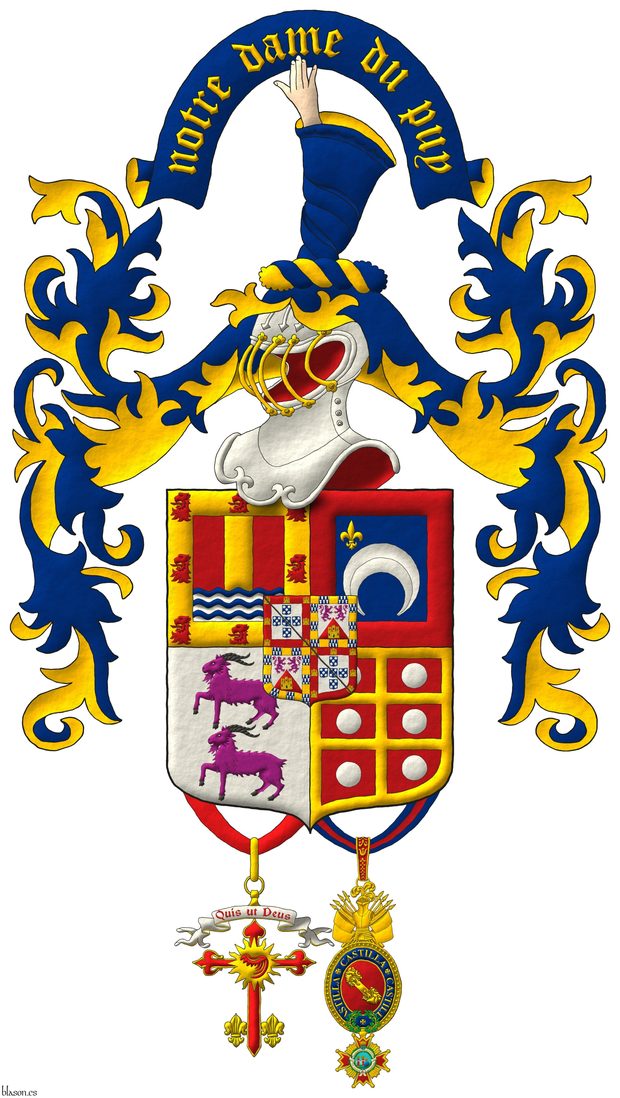 Escudo cuartelado: 1o de gules, un palo de oro sostenido de seis ondas de azur y plata, una bordura de oro cargada de ocho cabezas de le�n arrancadas de gules [de Dur�n]; 2o de azur, un creciente ranversado de plata, en la diestra del jefe una flor de lis de oro, una bordura de gules [de Alpoim]; 3o de plata, dos cabras en palo de p�rpura, acornadas de sable [de Cabral]; 4o de gules, una cruz doble y plena de oro cantonada de seis bezantes de plata, una bordura de oro [de Melo]; un escus�n cuartelado: 1o y 4o de plata, cinco escudetes en cruz de azur, cada uno cargado de cinco bezantes en sotuer de plata; una bordura de gules, cargada de siete castillos de oro, 3, 1 y 3; [de Portugal] brisado de un bast�n de sable; 2o y 3o de plata, mantelado en punta de gules, en jefe, dos leones afrontados de p�rpura, armados y lampasados de gules [de Le�n], en punta un castillo de oro, aclarado de azur, mazonado de sable [de Castilla]; una bordura componada de dieciocho compones de oro y veros [de �lvarez de las Asturias]. Timbrado de un yelmo terciado de plata, grilletado de oro, adornado de dos lambrequines de azur doblados de oro, un burelete de oro y azur cimado de un brazo al natural, vestido de azur, forrado de oro, teniendo una filacteria de azur doblada de oro, inscrita del grito �Notre Dame du Puy� de oro. Pendientes de la punta, la cruz de la Real Orden Ecuestre y Militar de San Miguel del Ala y la venera e insignia de la Maestranza de Caballer�a de Castilla.