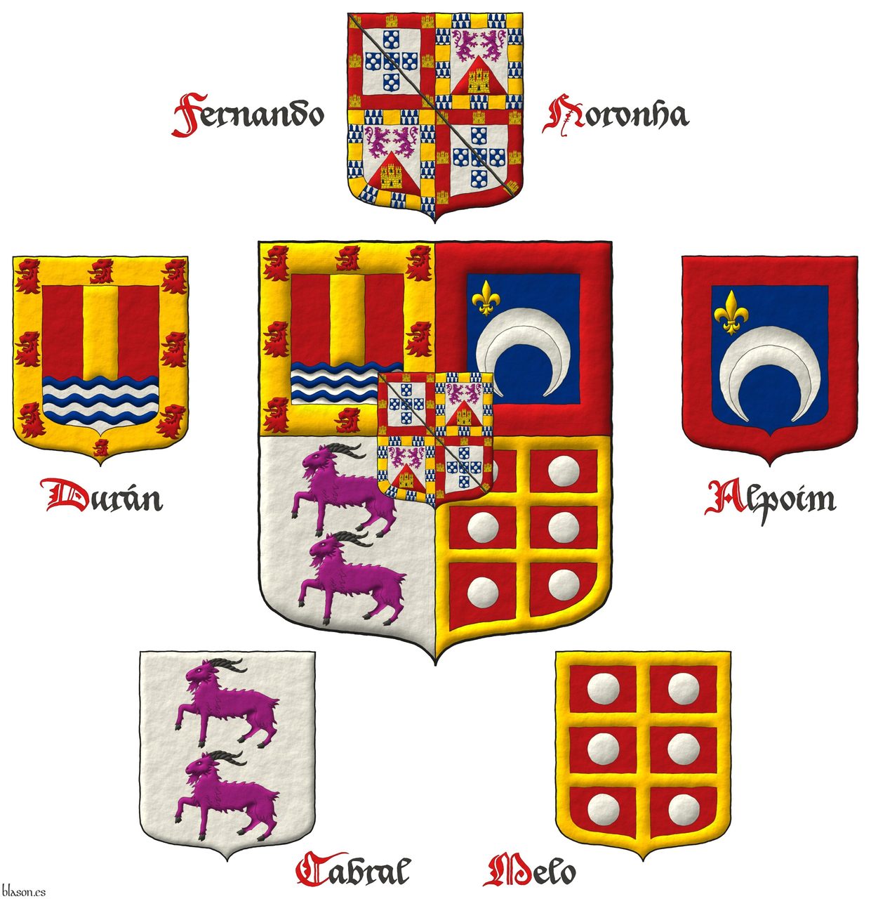 Quarterly: 1 Gules, a pale Or upon six waves Azure and Argent, a bordure Or charged with eight lions' heads erased Gules [for Dur�n]; 2 Azure, a crescent reversed Argent, in dexter chief a fleur de lis Or, a bordure Gules [for Alpoim]; 3 Argent, two goats in pale Purpure, horned Sable [for Cabral]; 4 Gules, a double cross throughout Or cantoned by six plates, a bordure Or [for Melo]; an inescutcheon quarterly: 1 and 4 Argent, five escutcheons in cross Azure, each charged with five plates in saltire; a bordure Gules, charged with seven castles triple-towered Or, 3, 2, and 2 [for Portugal]; the whole debruised by a baston Sable; 2 and 3 party per chevron Argent and Gules, in chief two lions combatant Purpure, armed and langued Gules [for Leon], in base a castle triple-towered Or, port and windows Azure, masoned Sable [for Castile]; a bordure compony of eighteen sections Or and vair [for �lvarez de las Asturias].