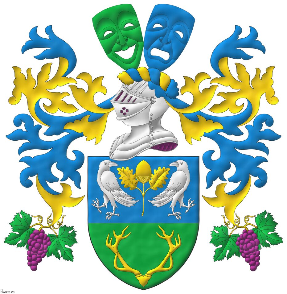 Party per fess: 1 Azure, an acorn leaved and slipped Or, between two ravens addorsed and regardant Argent; 2 Vert, a stag's massacre Or. Crest: Upon a helm lined Purpure with a wreath Or and Azure, a comedy mask bendwise Vert conjoined in fess with a tragedy mask bend sinisterwise Azure. Mantling: Azure doubled Or, and suspended therefrom, one on each side, two bunches of grapes Purpure, leaved Vert, and slipped Or.