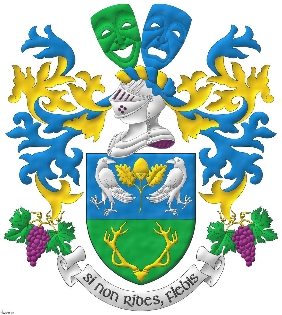 Party per fess: 1 Azure, an acorn leaved and slipped Or, between two ravens addorsed and regardant Argent; 2 Vert, a stag's massacre Or. Crest: Upon a helm lined Purpure with a wreath Or and Azure, a comedy mask bendwise Vert conjoined in fess with a tragedy mask bend sinisterwise Azure. Mantling: Azure doubled Or, and suspended therefrom, one on each side, two bunches of grapes Purpure, leaved Vert, and slipped Or. Motto: �Si non rides, flebis�.