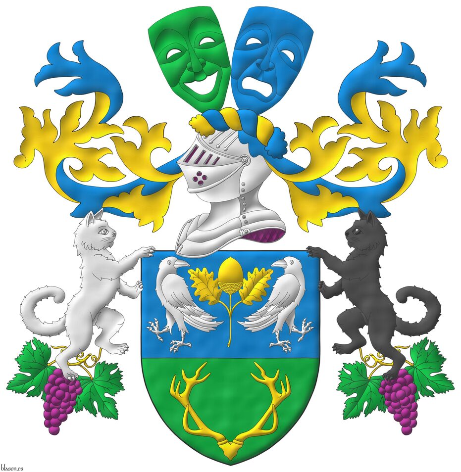 Party per fess: 1 Azure, an acorn leaved and slipped Or, between two ravens addorsed and regardant Argent; 2 Vert, a stag's massacre Or. Crest: Upon a helm lined Purpure with a wreath Or and Azure, a comedy mask bendwise Vert conjoined in fess with a tragedy mask bend sinisterwise Azure. Mantling: Azure doubled Or. Supporters: Upon two bunches of grapes Purpure, leaved Vert, and slipped Or, one on each side, two cats rampant Argent in the dexter and Sable in the sinister.