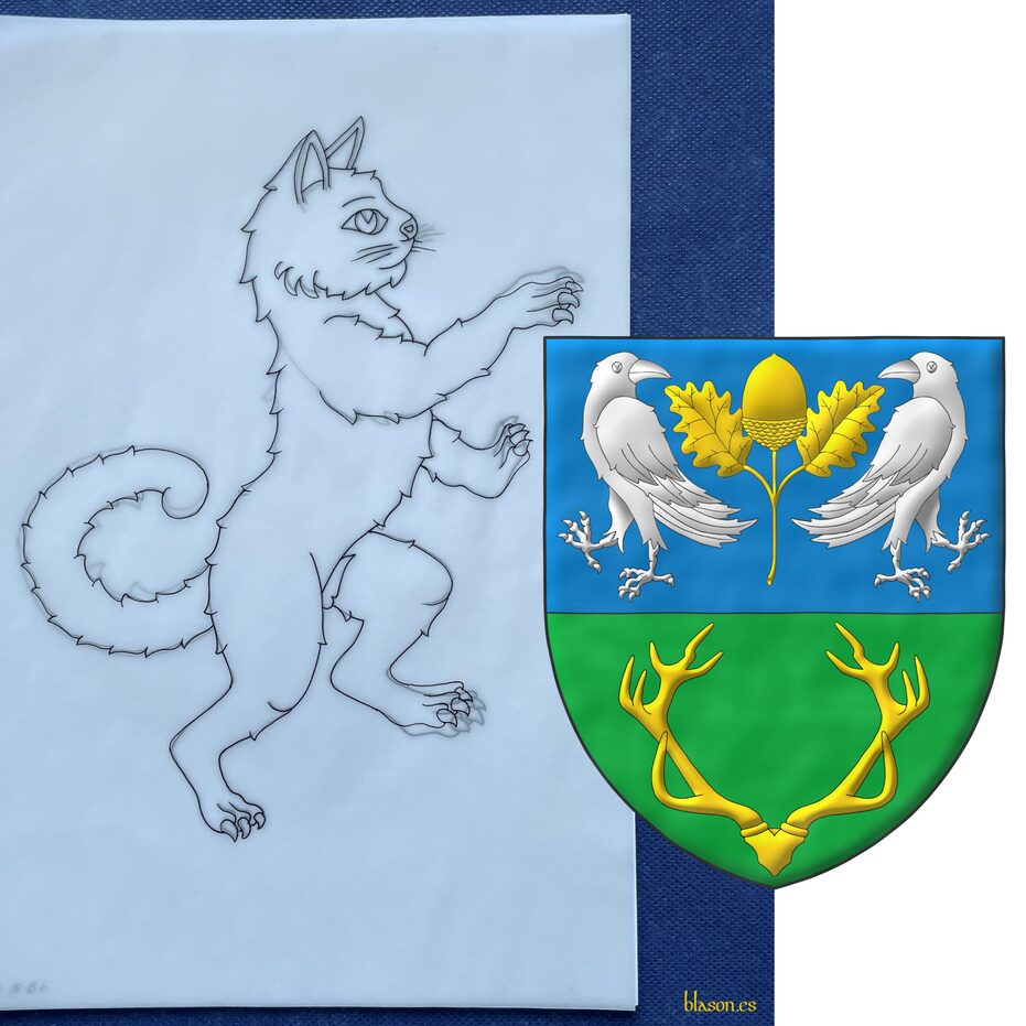 Party per fess: 1 Azure, an acorn leaved and slipped Or, between two ravens addorsed and regardant Argent; 2 Vert, a stag's massacre Or. Supporter: Dexter, a cat rampant Argent.