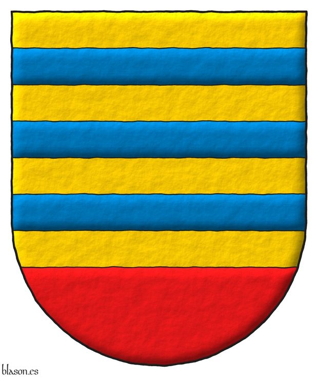 Or, three bars Azure; the base Gules.